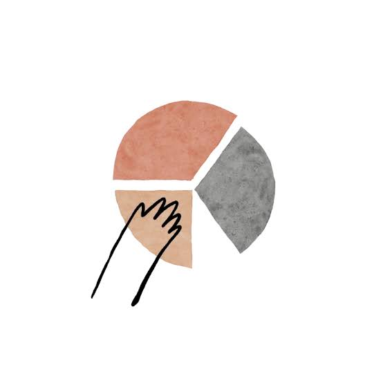 Illustrated segmented pie chart with a drawn hand, representing market share and allocation