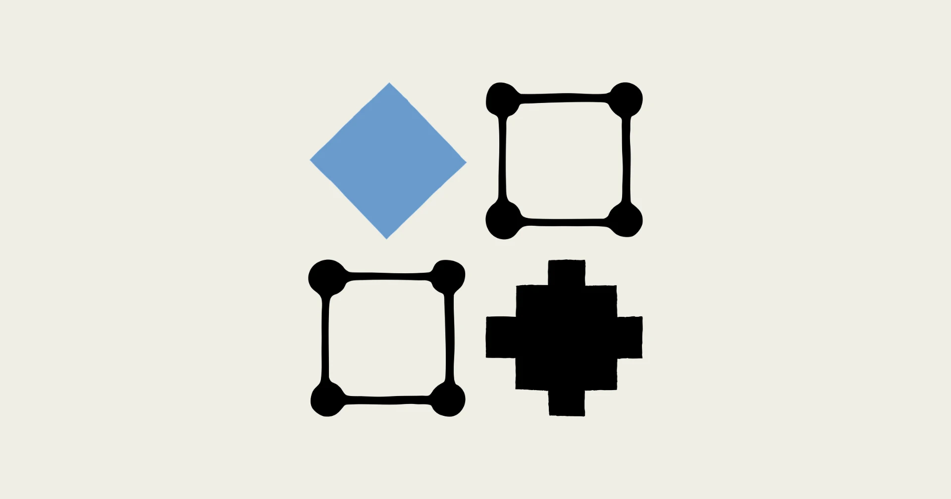 Abstract geometric shapes — a blue diamond and connected black forms on a cream background, representing IPO analysis